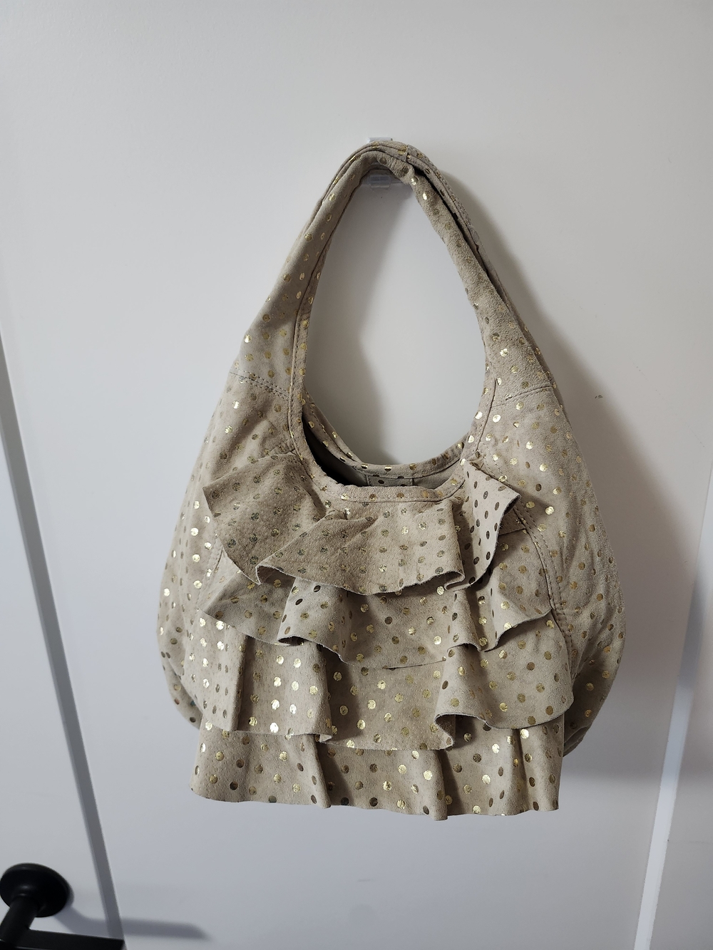 Suede Tan & Gold Polka Dot Ruffle Shoulder Bag